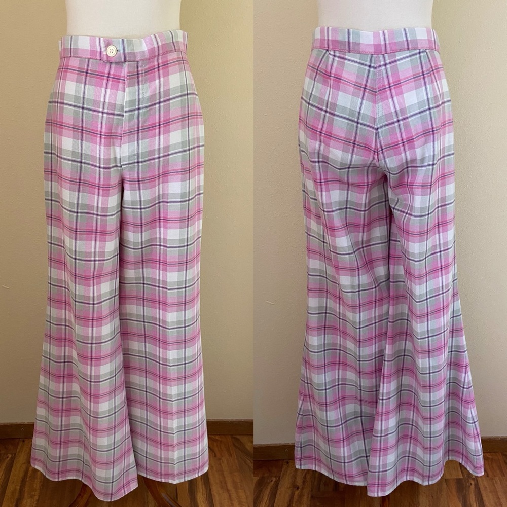 Vintage 70s High Rise Pink Plaid Bell Bottoms